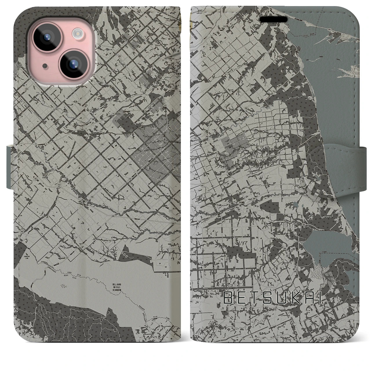 【別海(北海道)】地図柄iPhoneケース(手帳タイプ)モノトーン・iPhone 15 Plus 用