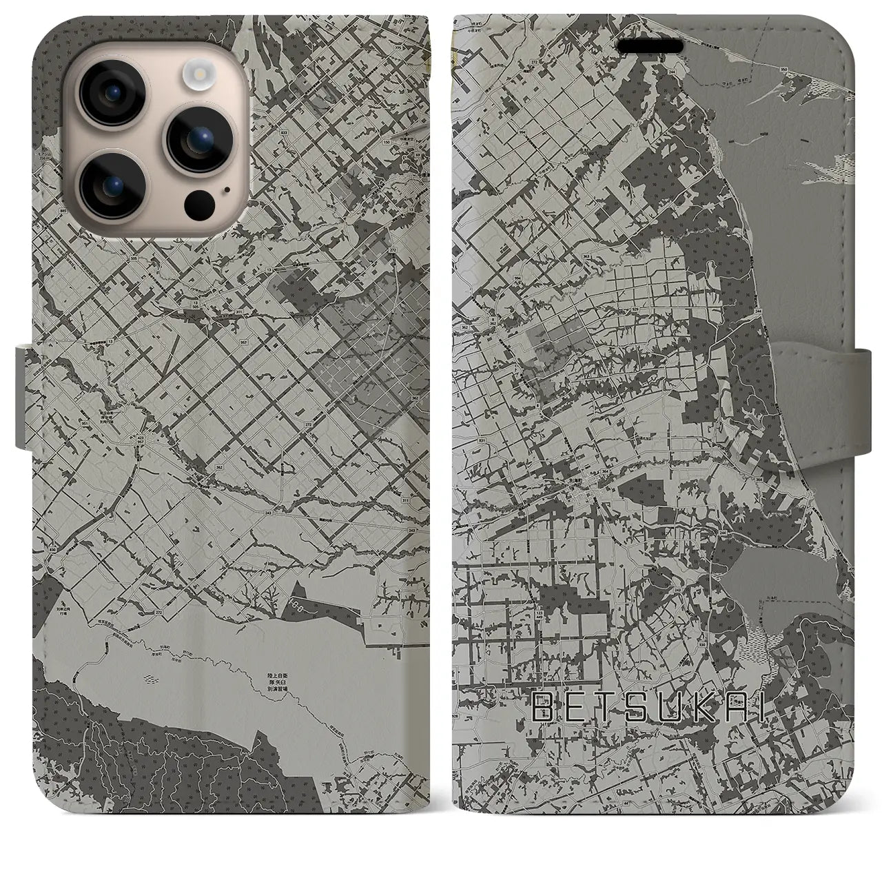【別海(北海道)】地図柄iPhoneケース(手帳タイプ)モノトーン・iPhone 16 Plus 用