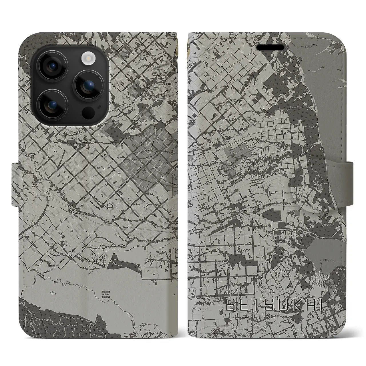 【別海(北海道)】地図柄iPhoneケース(手帳タイプ)モノトーン・iPhone 16 用