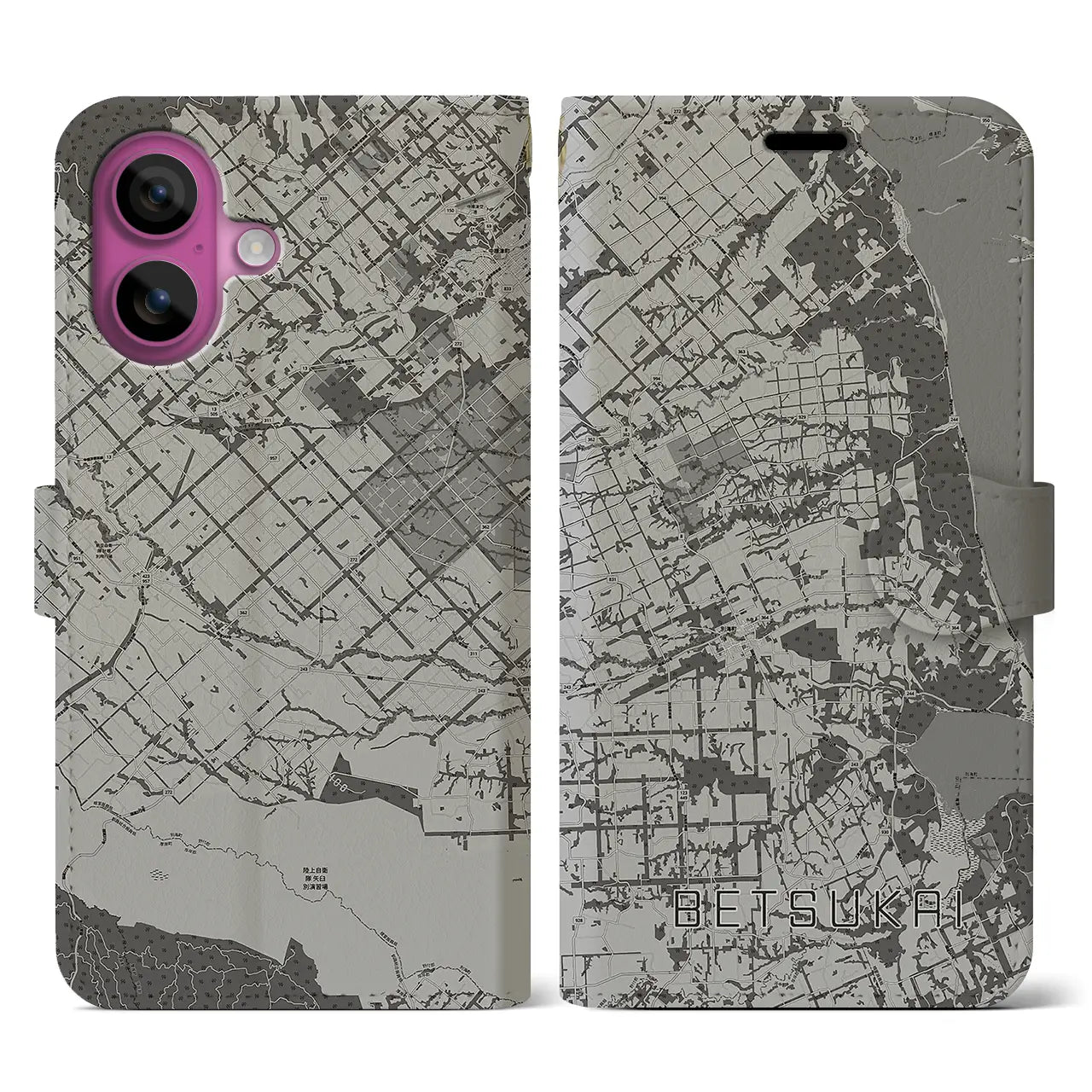 【別海(北海道)】地図柄iPhoneケース(手帳タイプ)モノトーン・iPhone 16 Pro 用