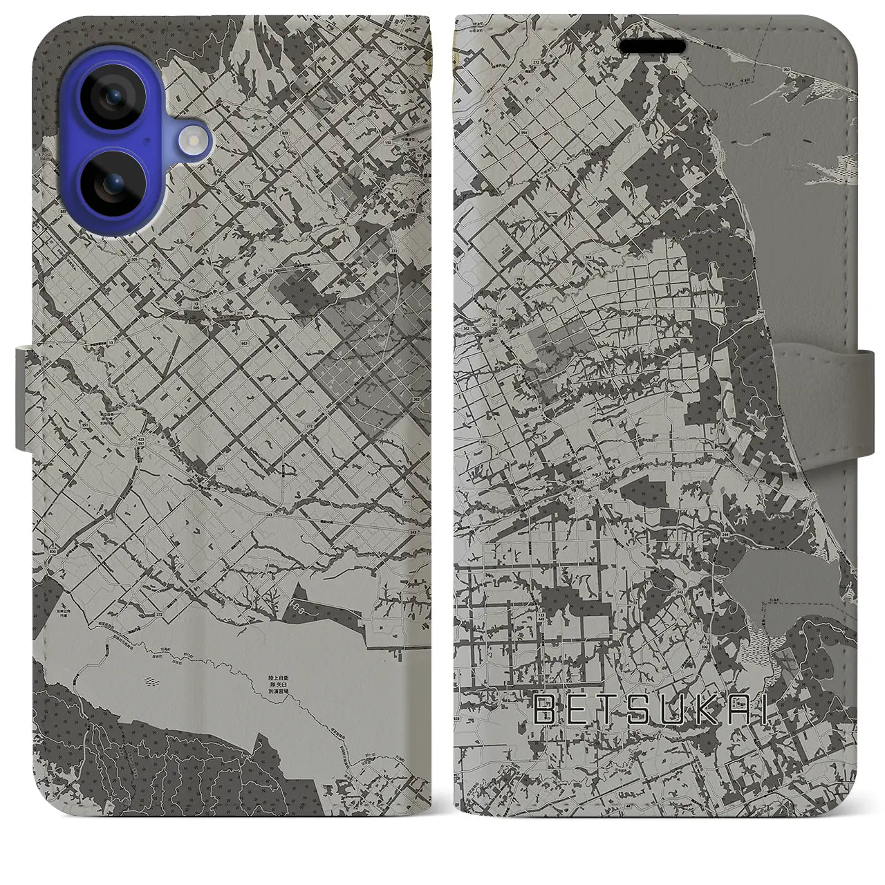 【別海(北海道)】地図柄iPhoneケース(手帳タイプ)モノトーン・iPhone 16 Pro Max 用