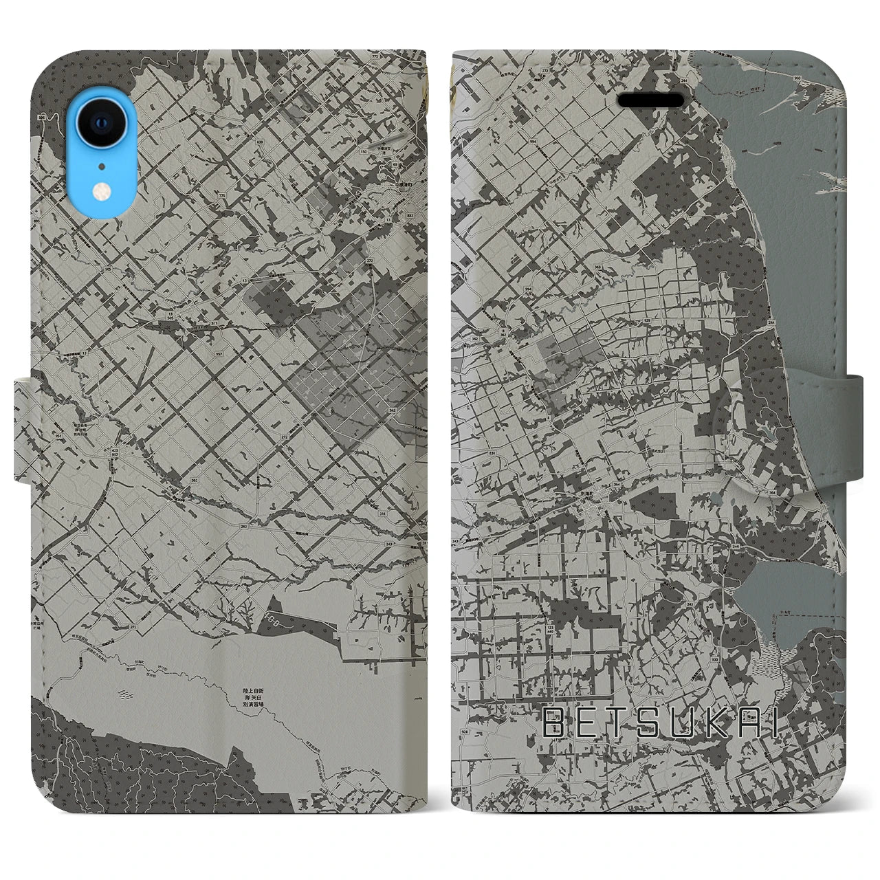【別海(北海道)】地図柄iPhoneケース(手帳タイプ)モノトーン・iPhone XR 用