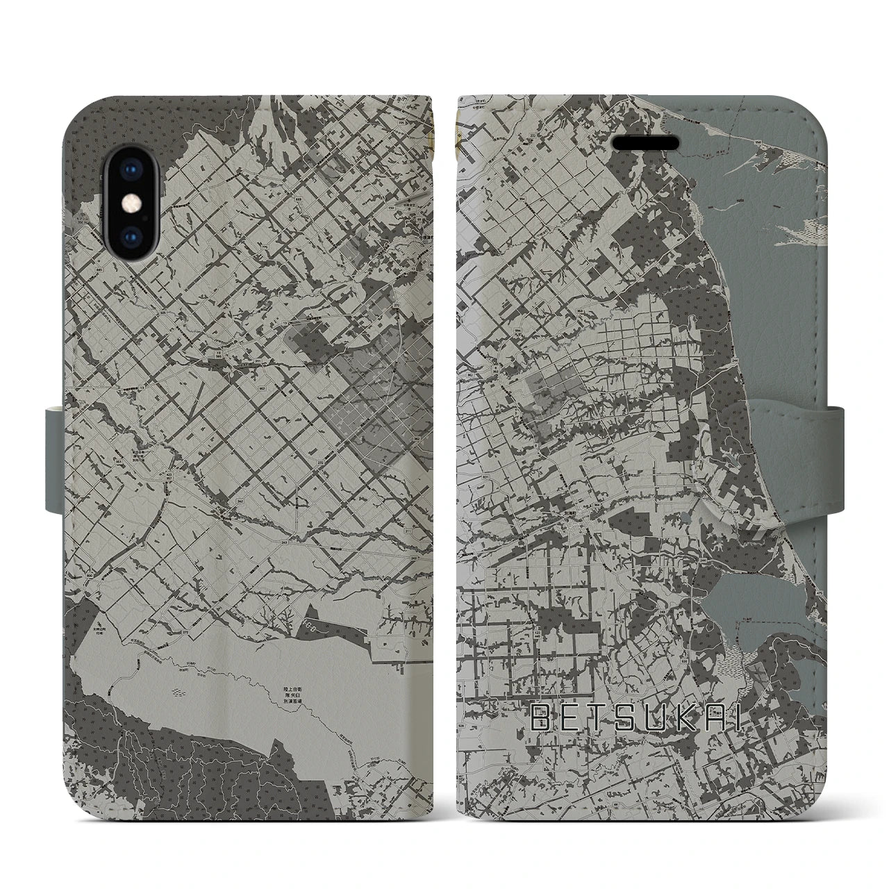 【別海(北海道)】地図柄iPhoneケース(手帳タイプ)モノトーン・iPhone XS / X 用