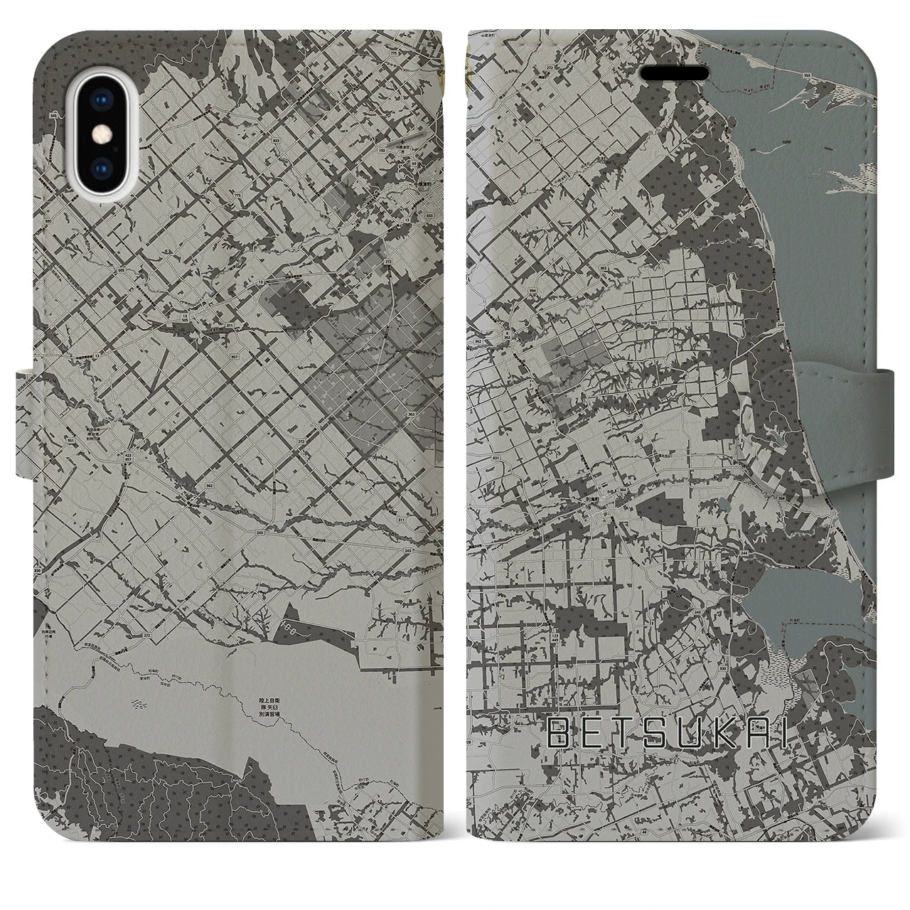 【別海(北海道)】地図柄iPhoneケース(手帳タイプ)モノトーン・iPhone XS Max 用
