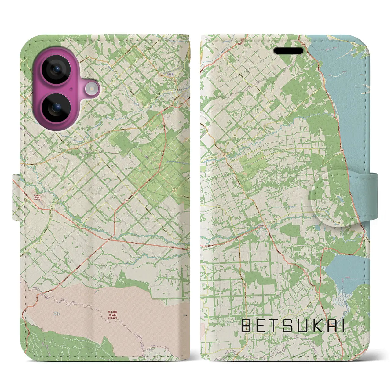【別海(北海道)】地図柄iPhoneケース(手帳タイプ)ナチュラル・iPhone 16 Pro 用