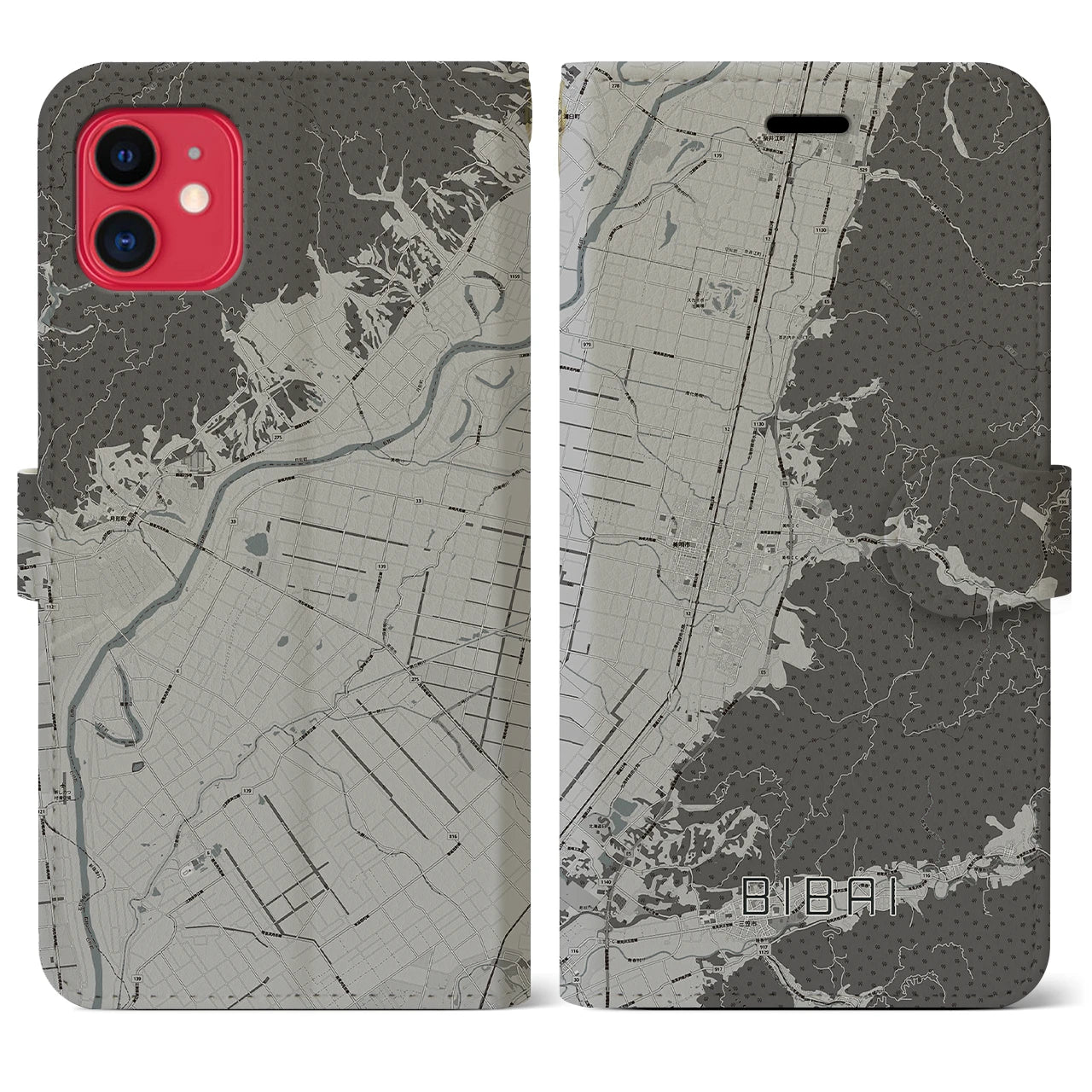【美唄(北海道)】地図柄iPhoneケース(手帳タイプ)モノトーン・iPhone 11 用