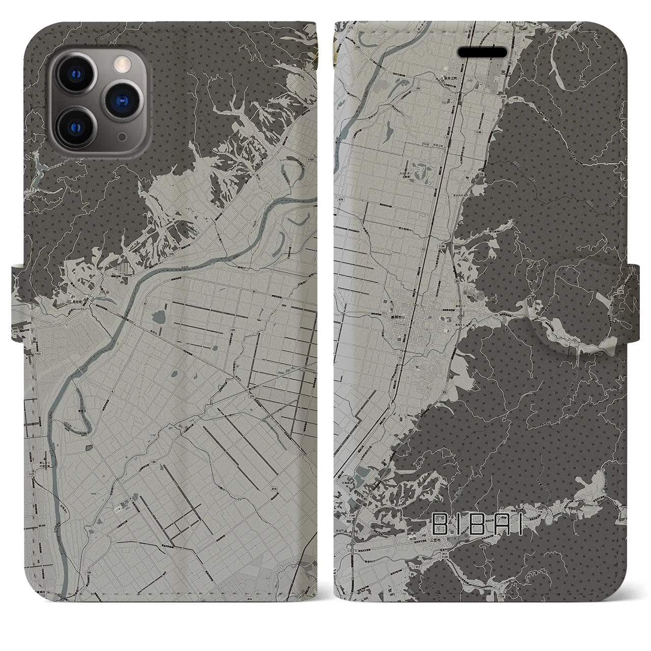 【美唄(北海道)】地図柄iPhoneケース(手帳タイプ)モノトーン・iPhone 11 Pro Max 用