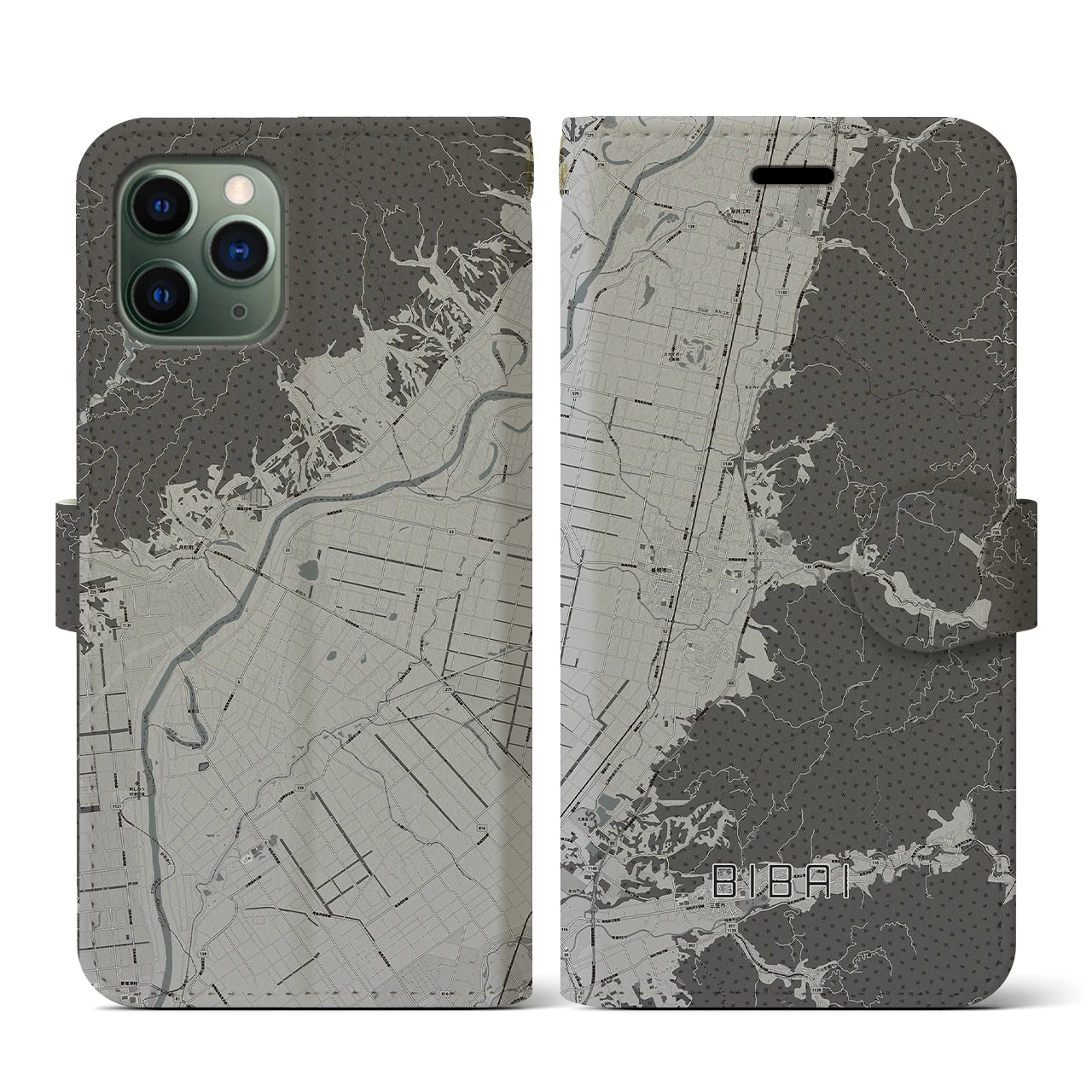 【美唄(北海道)】地図柄iPhoneケース(手帳タイプ)モノトーン・iPhone 11 Pro 用