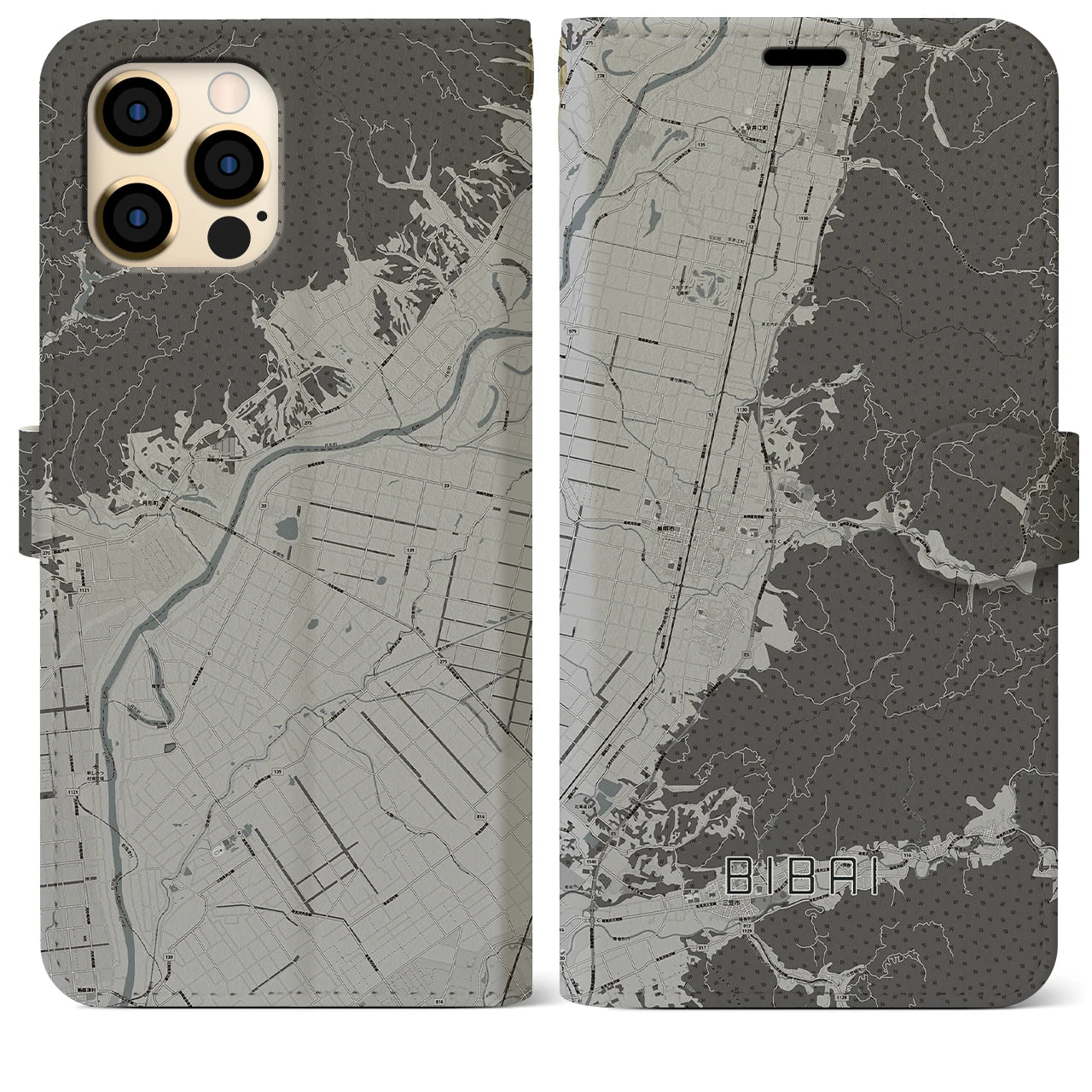 【美唄(北海道)】地図柄iPhoneケース(手帳タイプ)モノトーン・iPhone 12 Pro Max 用