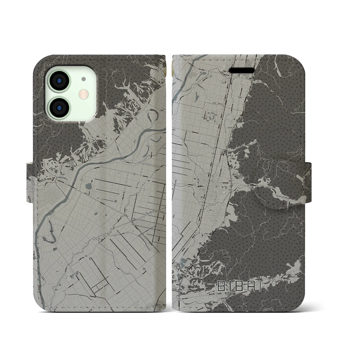 【美唄(北海道)】地図柄iPhoneケース(手帳タイプ)モノトーン・iPhone 12 mini 用