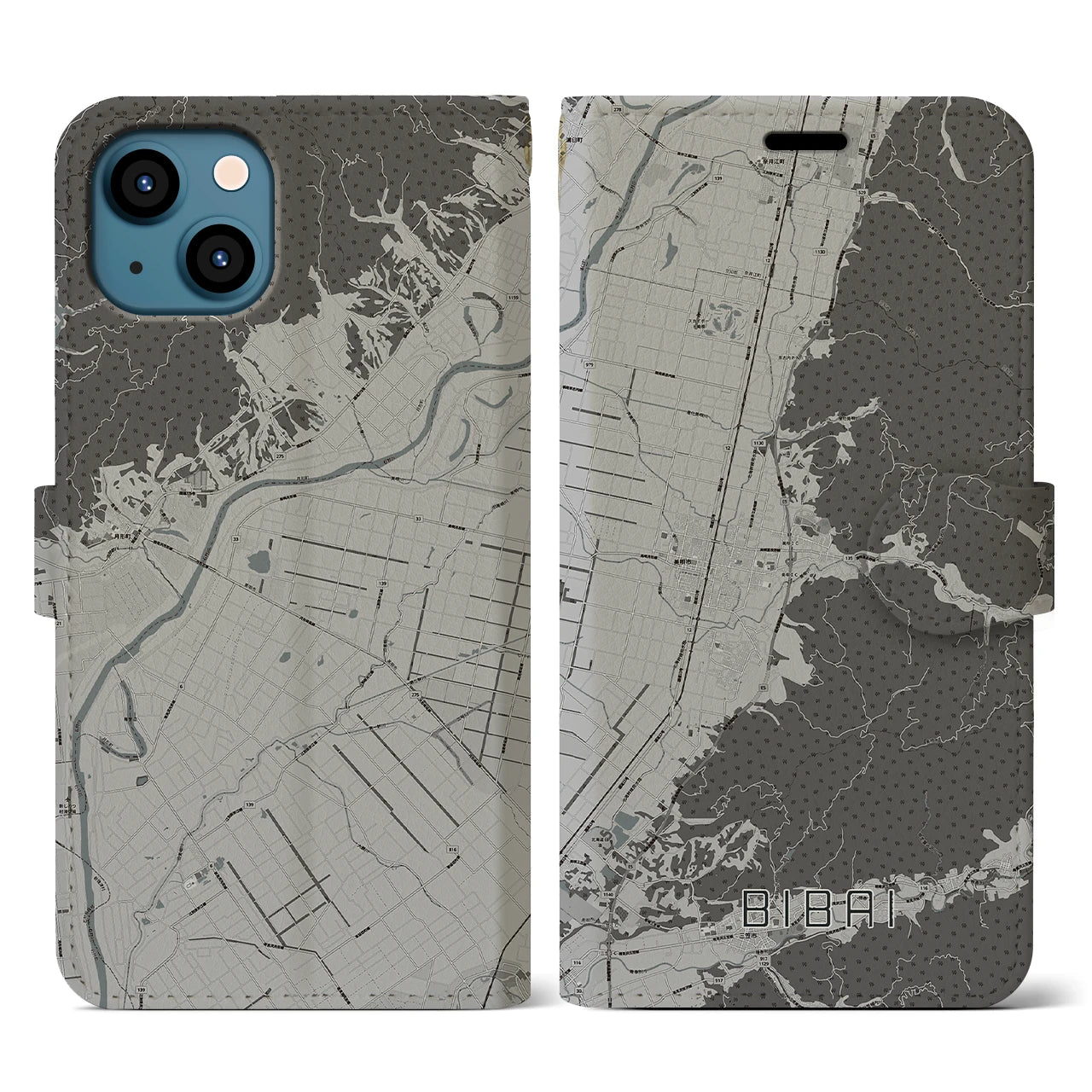 【美唄(北海道)】地図柄iPhoneケース(手帳タイプ)モノトーン・iPhone 13 用