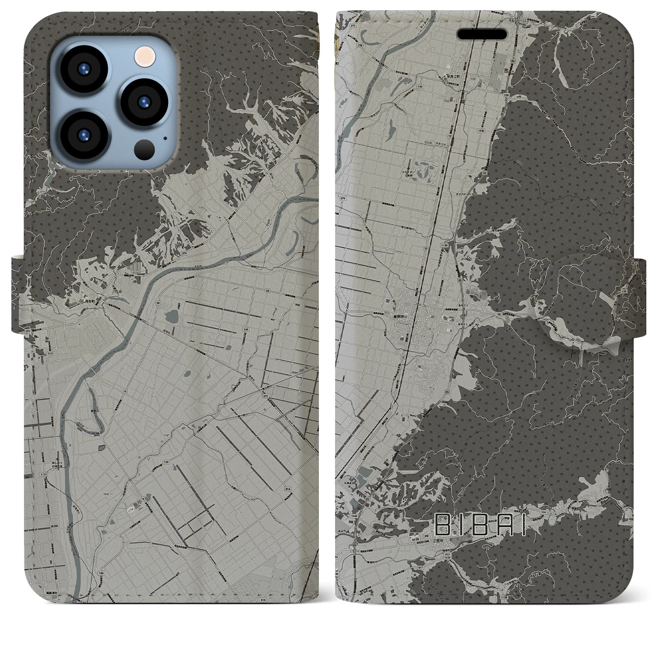 【美唄(北海道)】地図柄iPhoneケース(手帳タイプ)モノトーン・iPhone 13 Pro Max 用