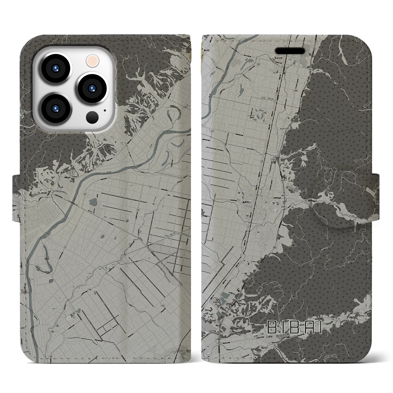 【美唄(北海道)】地図柄iPhoneケース(手帳タイプ)モノトーン・iPhone 13 Pro 用