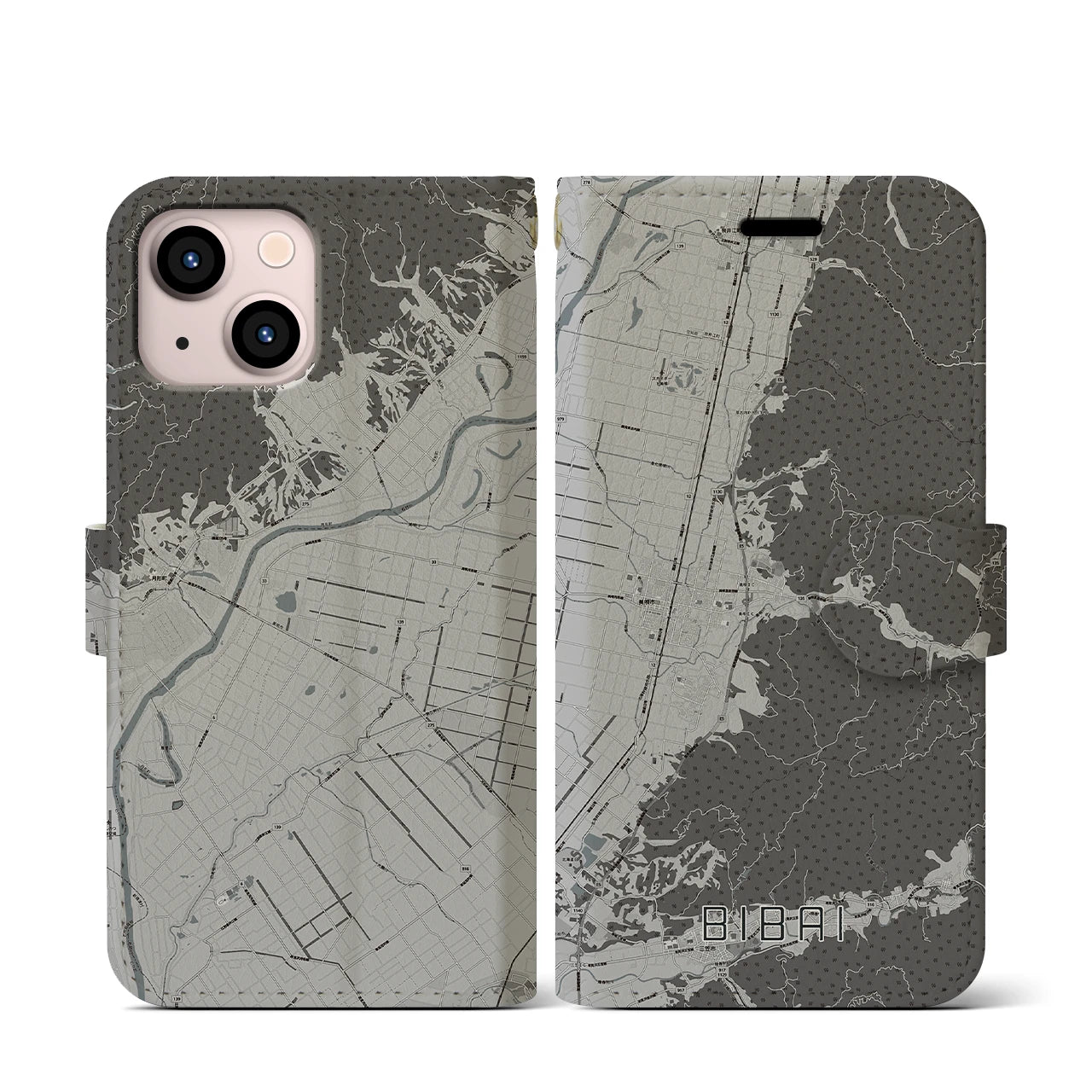 【美唄(北海道)】地図柄iPhoneケース(手帳タイプ)モノトーン・iPhone 13 mini 用