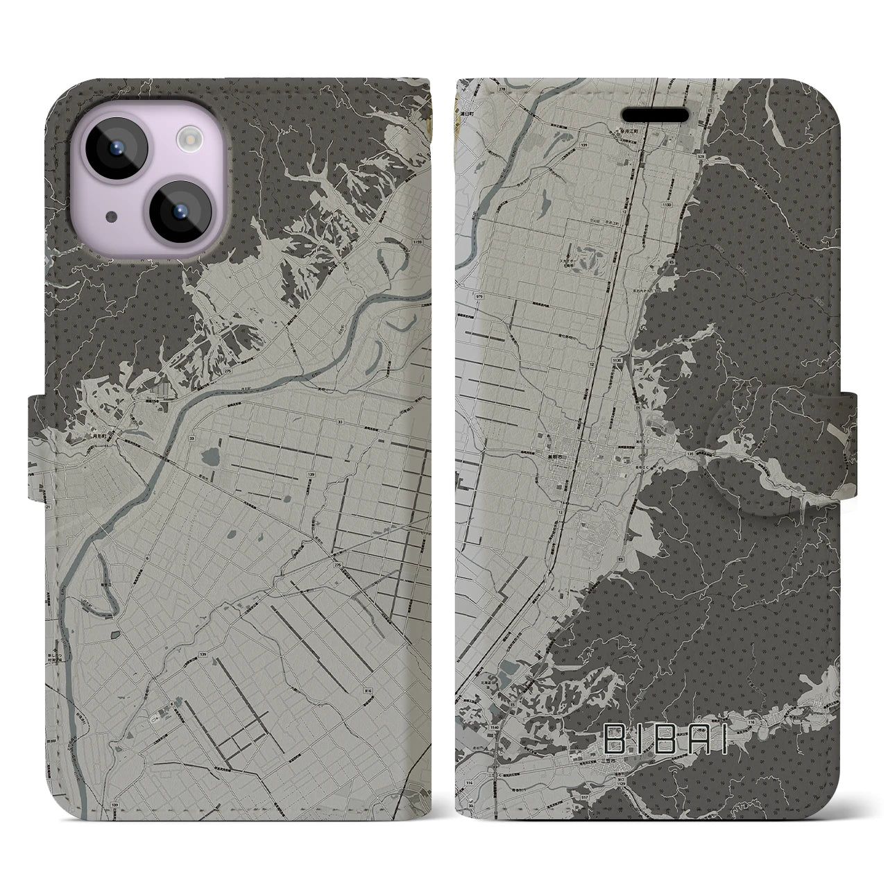 【美唄(北海道)】地図柄iPhoneケース(手帳タイプ)モノトーン・iPhone 14 用