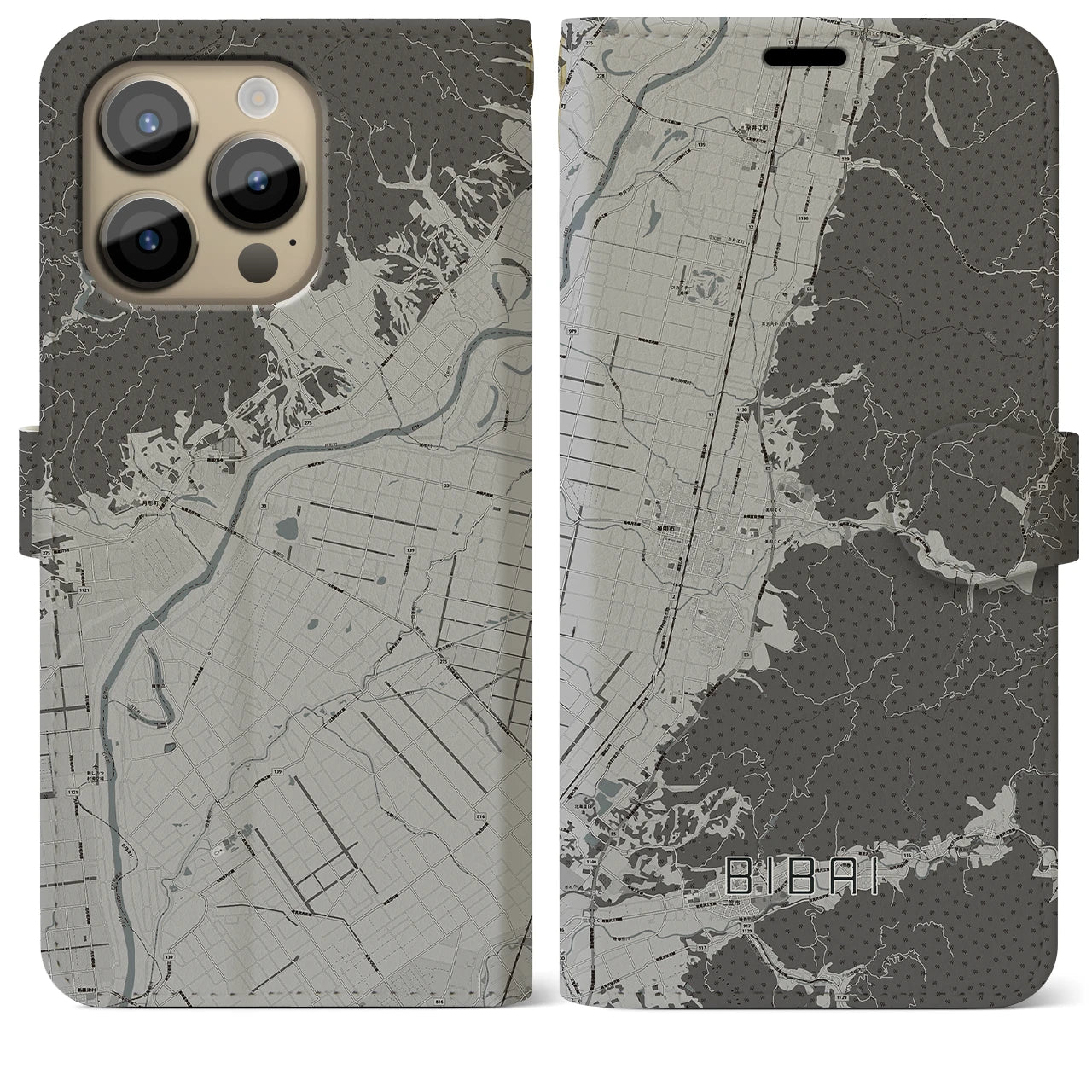 【美唄(北海道)】地図柄iPhoneケース(手帳タイプ)モノトーン・iPhone 14 Pro Max 用