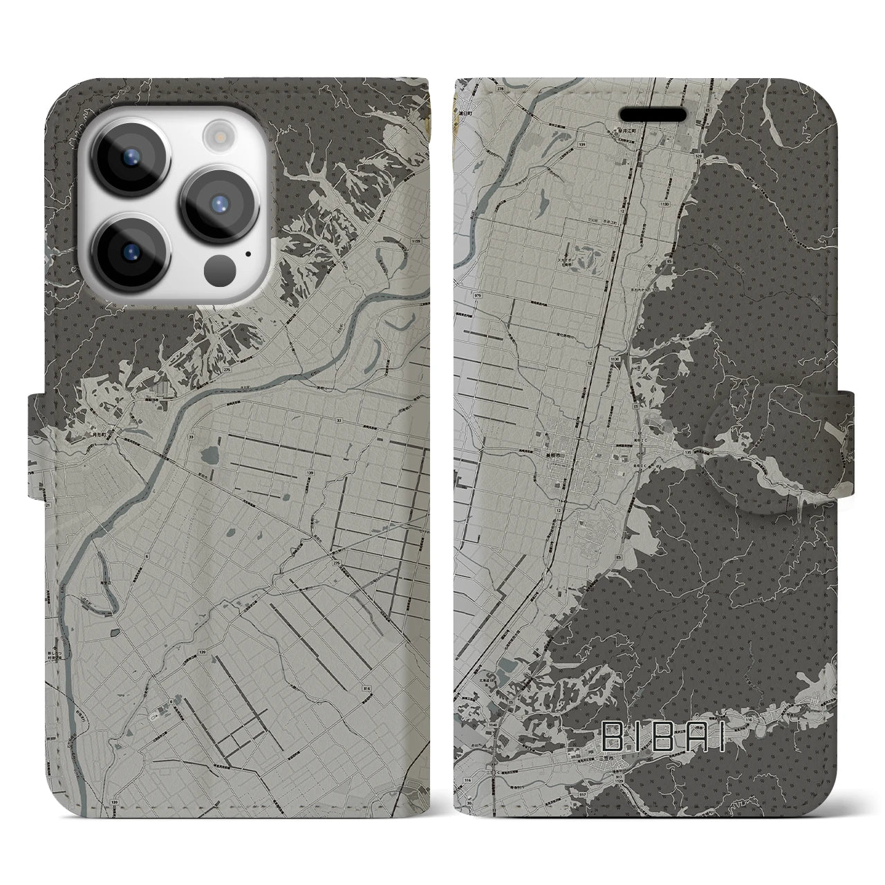 【美唄(北海道)】地図柄iPhoneケース(手帳タイプ)モノトーン・iPhone 14 Pro 用