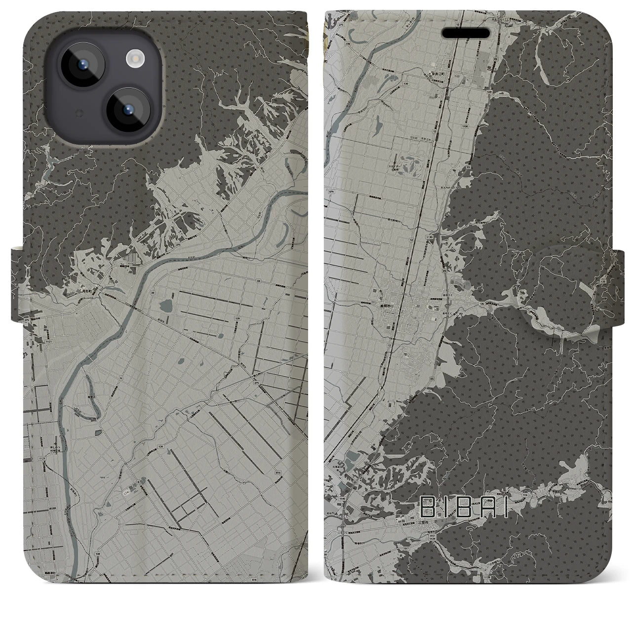 【美唄(北海道)】地図柄iPhoneケース(手帳タイプ)モノトーン・iPhone 14 Plus 用