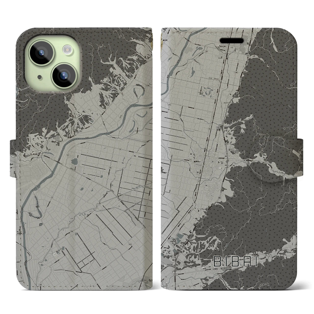 【美唄(北海道)】地図柄iPhoneケース(手帳タイプ)モノトーン・iPhone 15 用