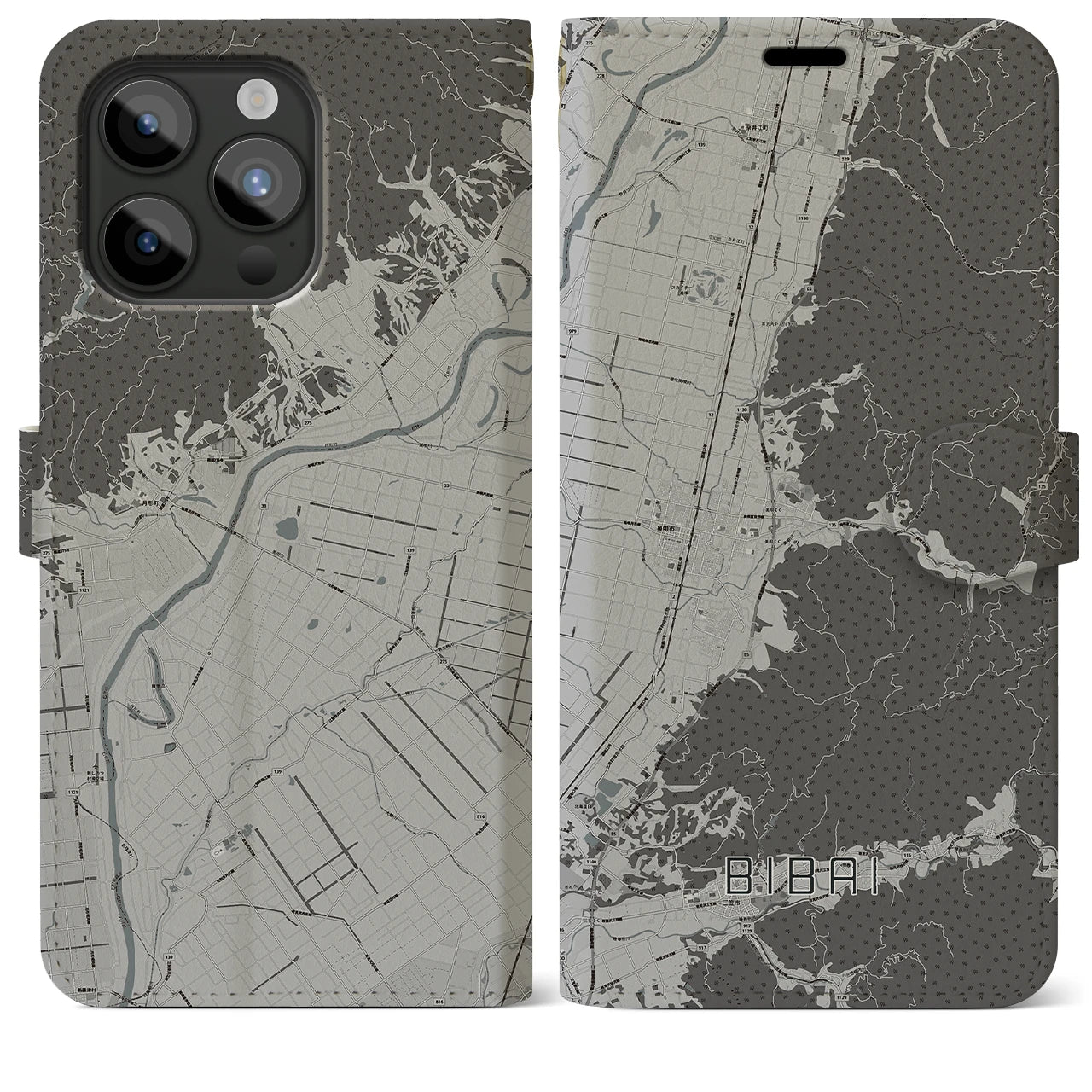 【美唄(北海道)】地図柄iPhoneケース(手帳タイプ)モノトーン・iPhone 15 Pro Max 用