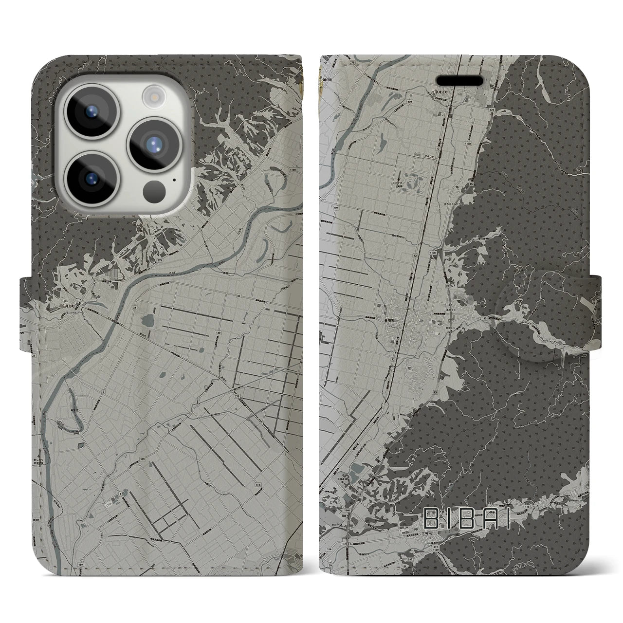 【美唄(北海道)】地図柄iPhoneケース(手帳タイプ)モノトーン・iPhone 15 Pro 用