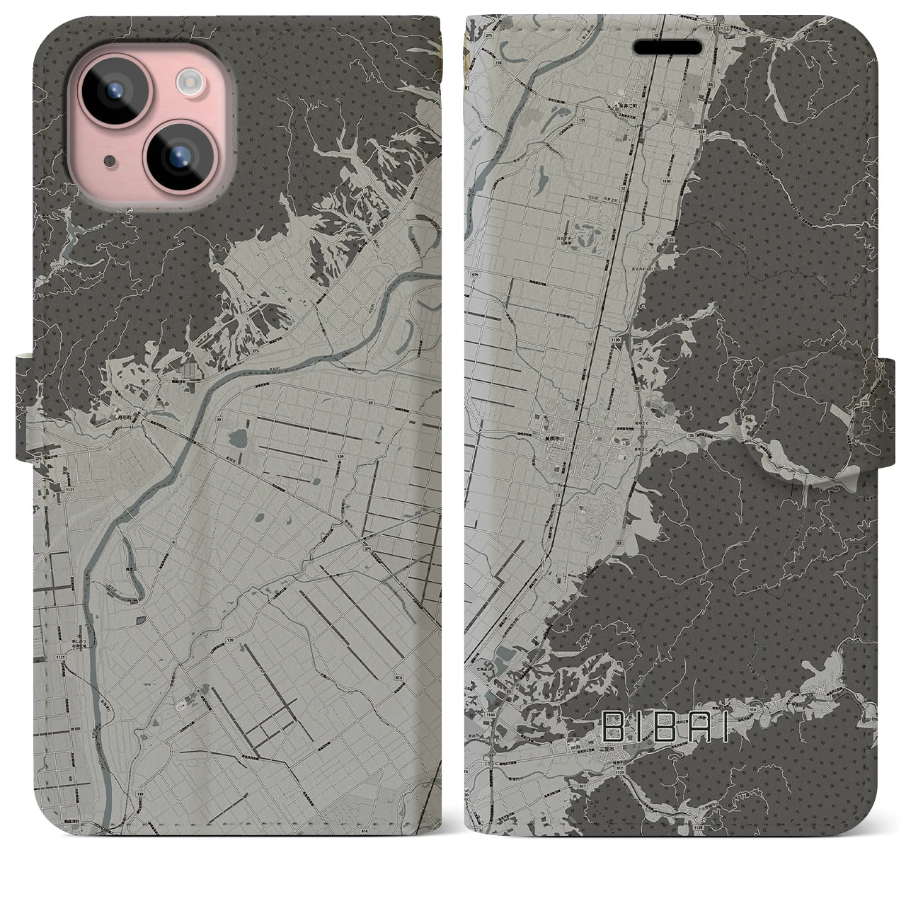 【美唄(北海道)】地図柄iPhoneケース(手帳タイプ)モノトーン・iPhone 15 Plus 用