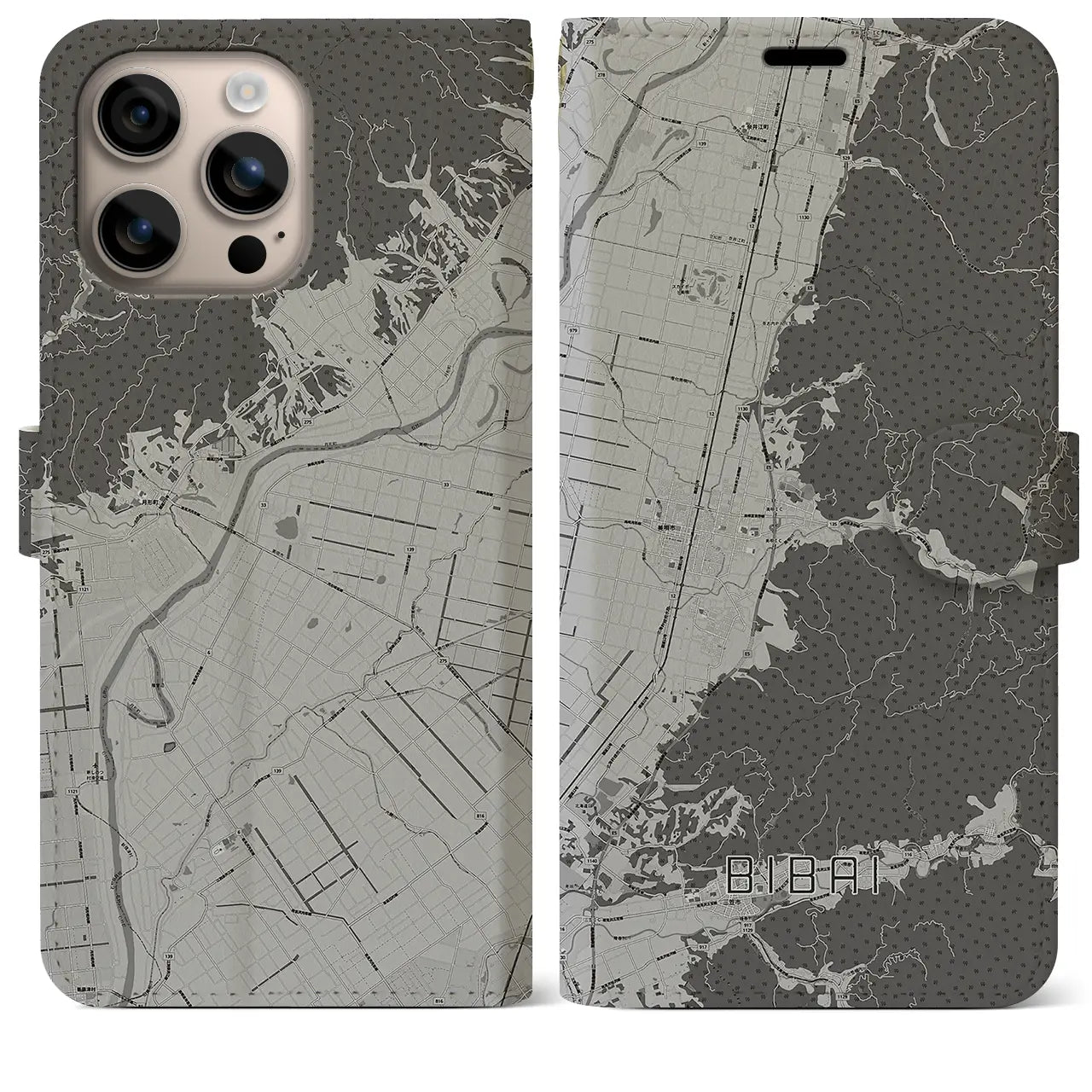 【美唄(北海道)】地図柄iPhoneケース(手帳タイプ)モノトーン・iPhone 16 Plus 用