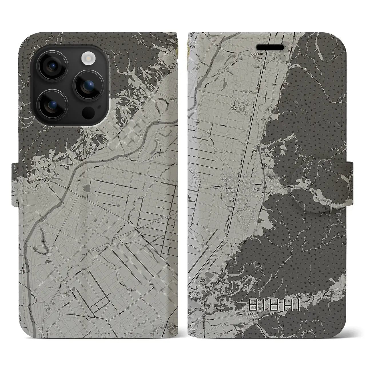 【美唄(北海道)】地図柄iPhoneケース(手帳タイプ)モノトーン・iPhone 16 用