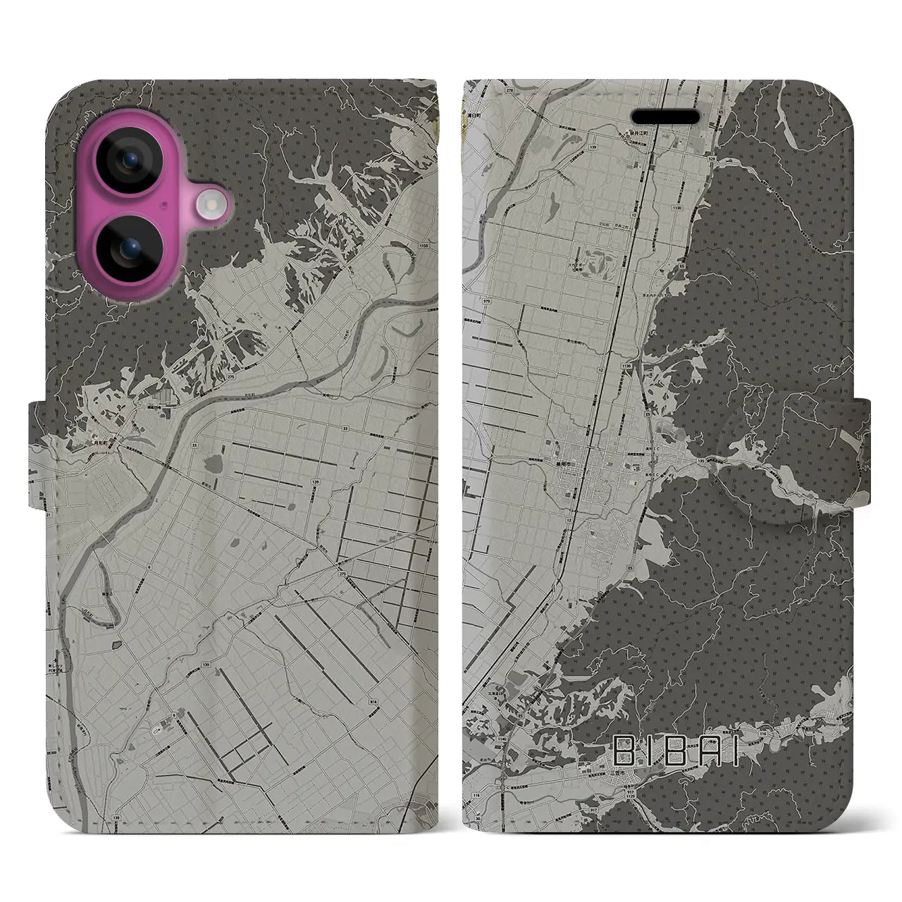【美唄(北海道)】地図柄iPhoneケース(手帳タイプ)モノトーン・iPhone 16 Pro 用