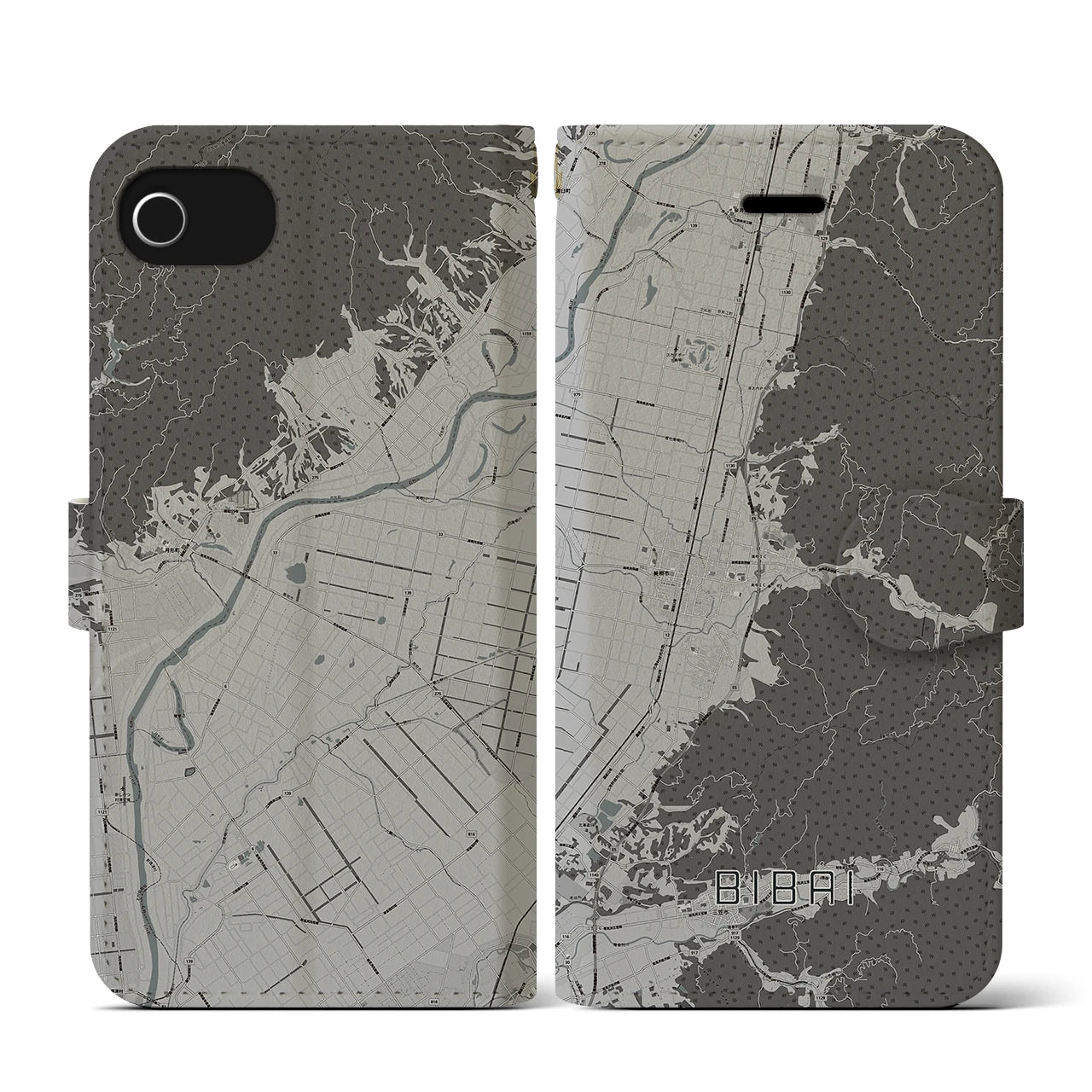 【美唄(北海道)】地図柄iPhoneケース(手帳タイプ)モノトーン・iPhone SE(第3 / 第2世代) / 8 / 7 / 6s / 6 用