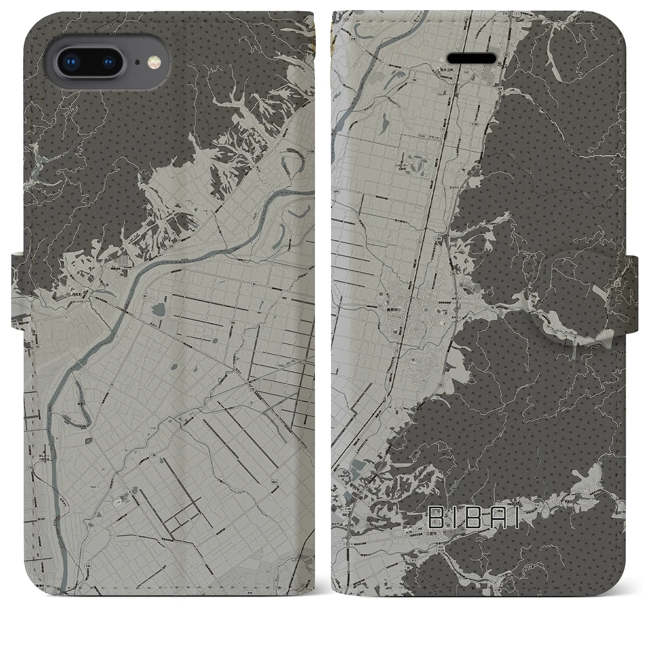 【美唄(北海道)】地図柄iPhoneケース(手帳タイプ)モノトーン・iPhone 8Plus /7Plus / 6sPlus / 6Plus 用