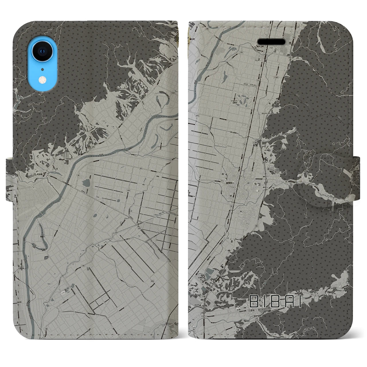 【美唄(北海道)】地図柄iPhoneケース(手帳タイプ)モノトーン・iPhone XR 用