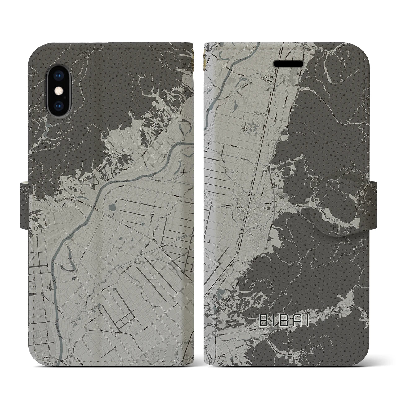 【美唄(北海道)】地図柄iPhoneケース(手帳タイプ)モノトーン・iPhone XS / X 用