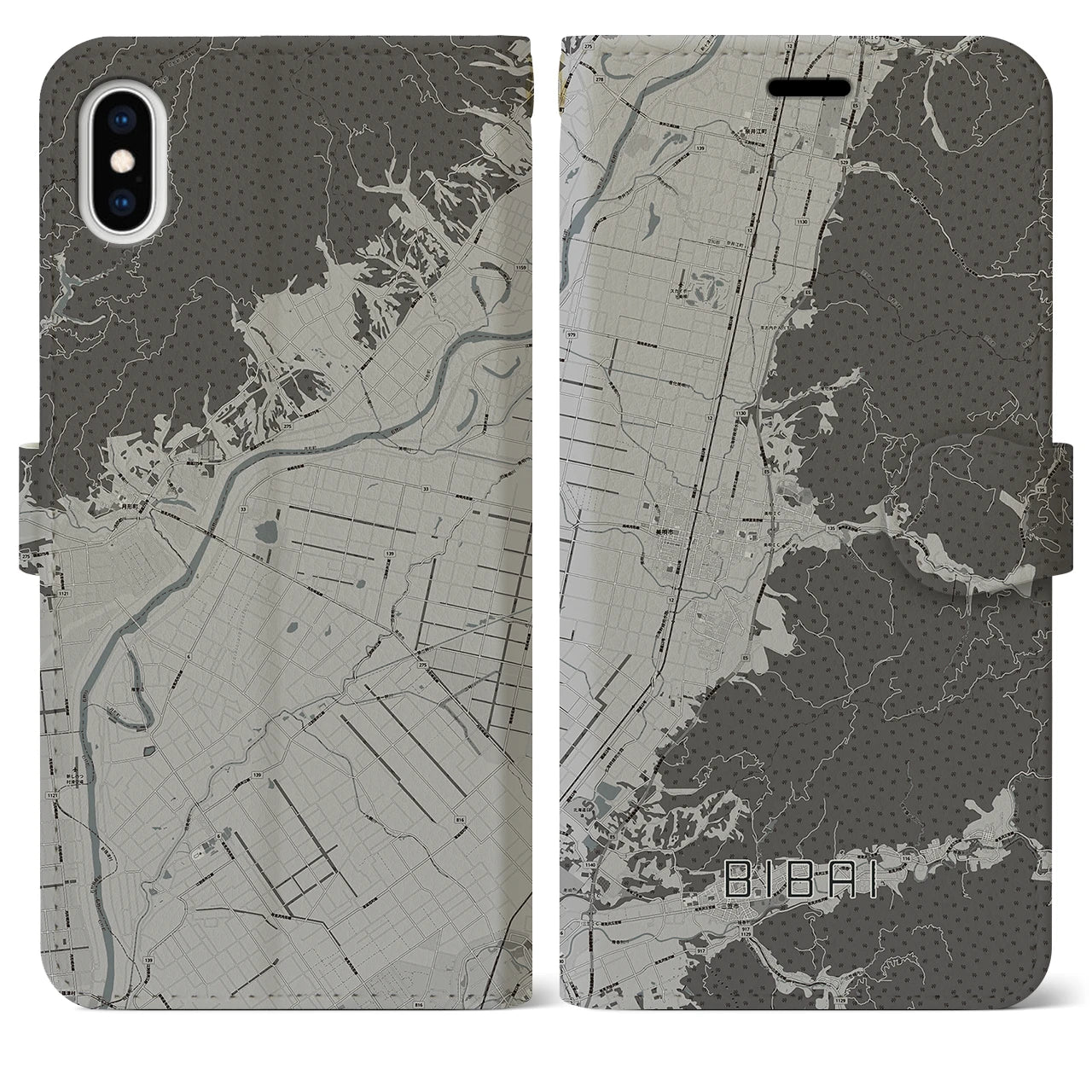 【美唄(北海道)】地図柄iPhoneケース(手帳タイプ)モノトーン・iPhone XS Max 用