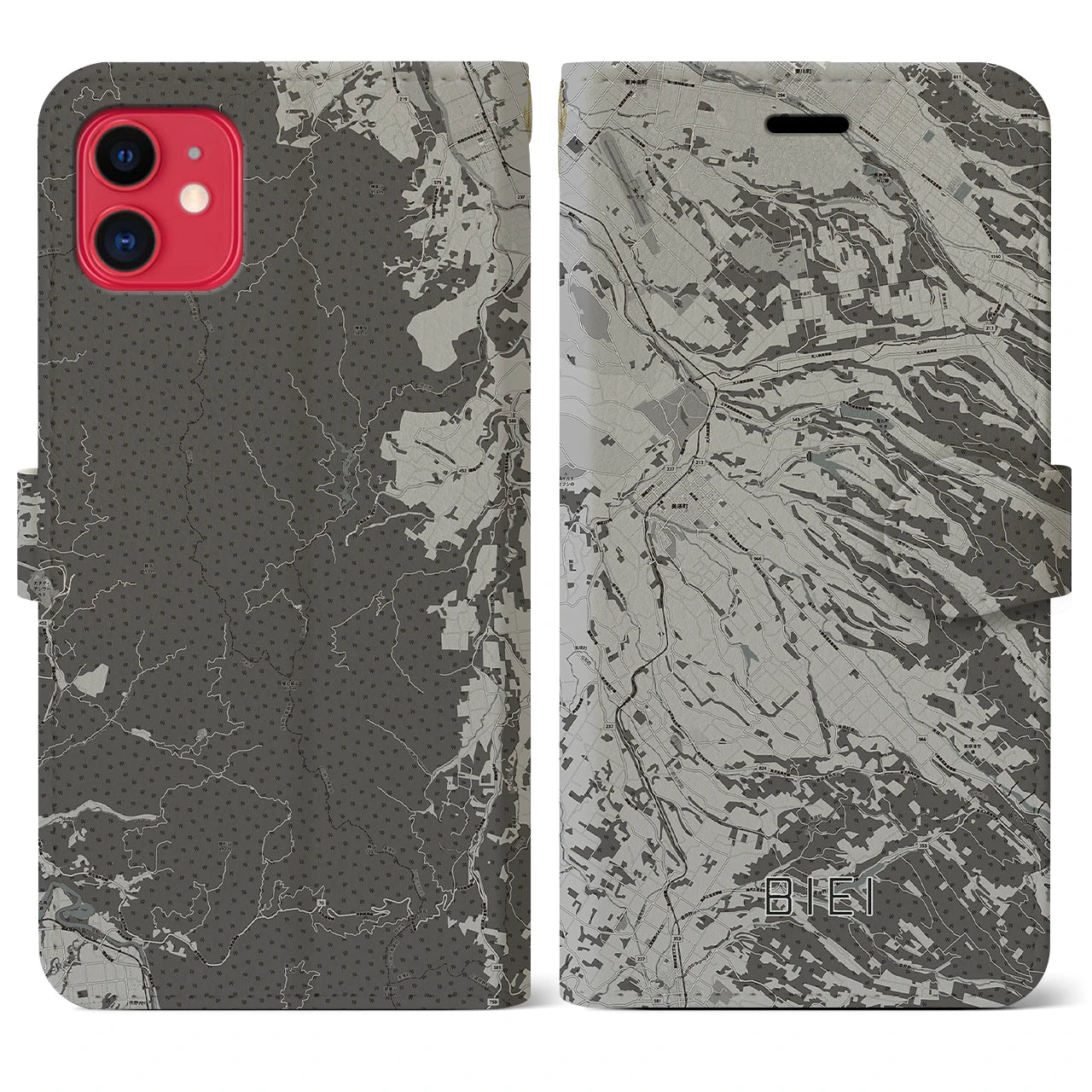 【美瑛(北海道)】地図柄iPhoneケース(手帳タイプ)モノトーン・iPhone 11 用