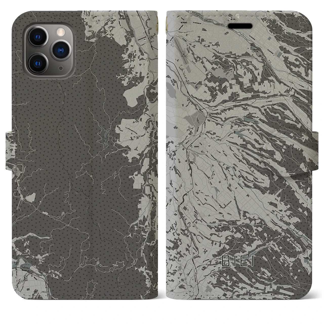 【美瑛(北海道)】地図柄iPhoneケース(手帳タイプ)モノトーン・iPhone 11 Pro Max 用