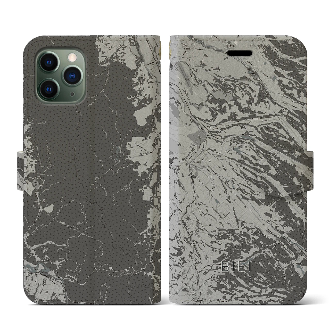 【美瑛(北海道)】地図柄iPhoneケース(手帳タイプ)モノトーン・iPhone 11 Pro 用
