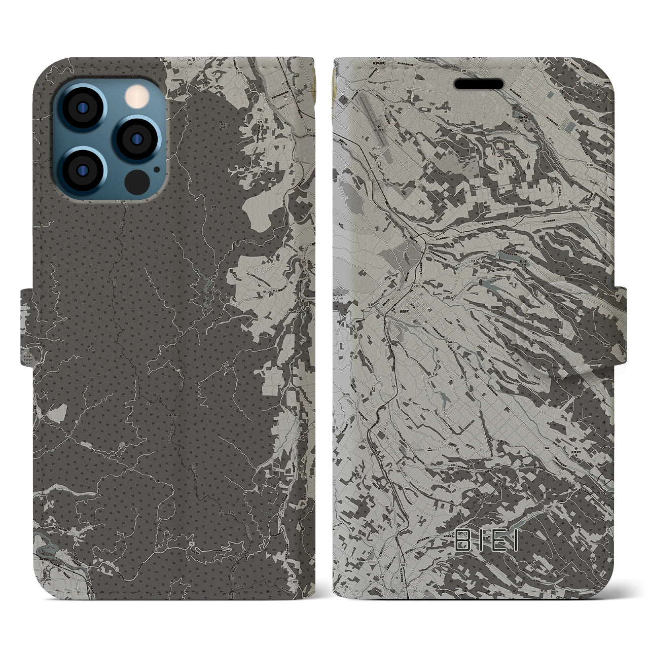 【美瑛(北海道)】地図柄iPhoneケース(手帳タイプ)モノトーン・iPhone 12 / 12 Pro 用