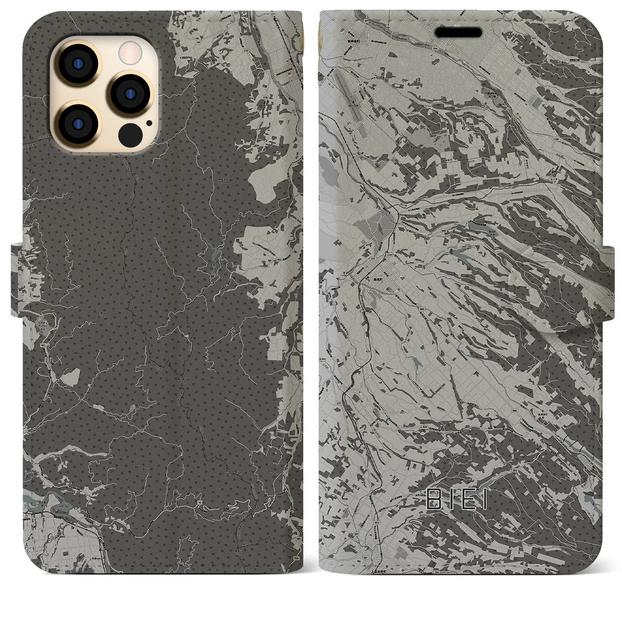 【美瑛(北海道)】地図柄iPhoneケース(手帳タイプ)モノトーン・iPhone 12 Pro Max 用