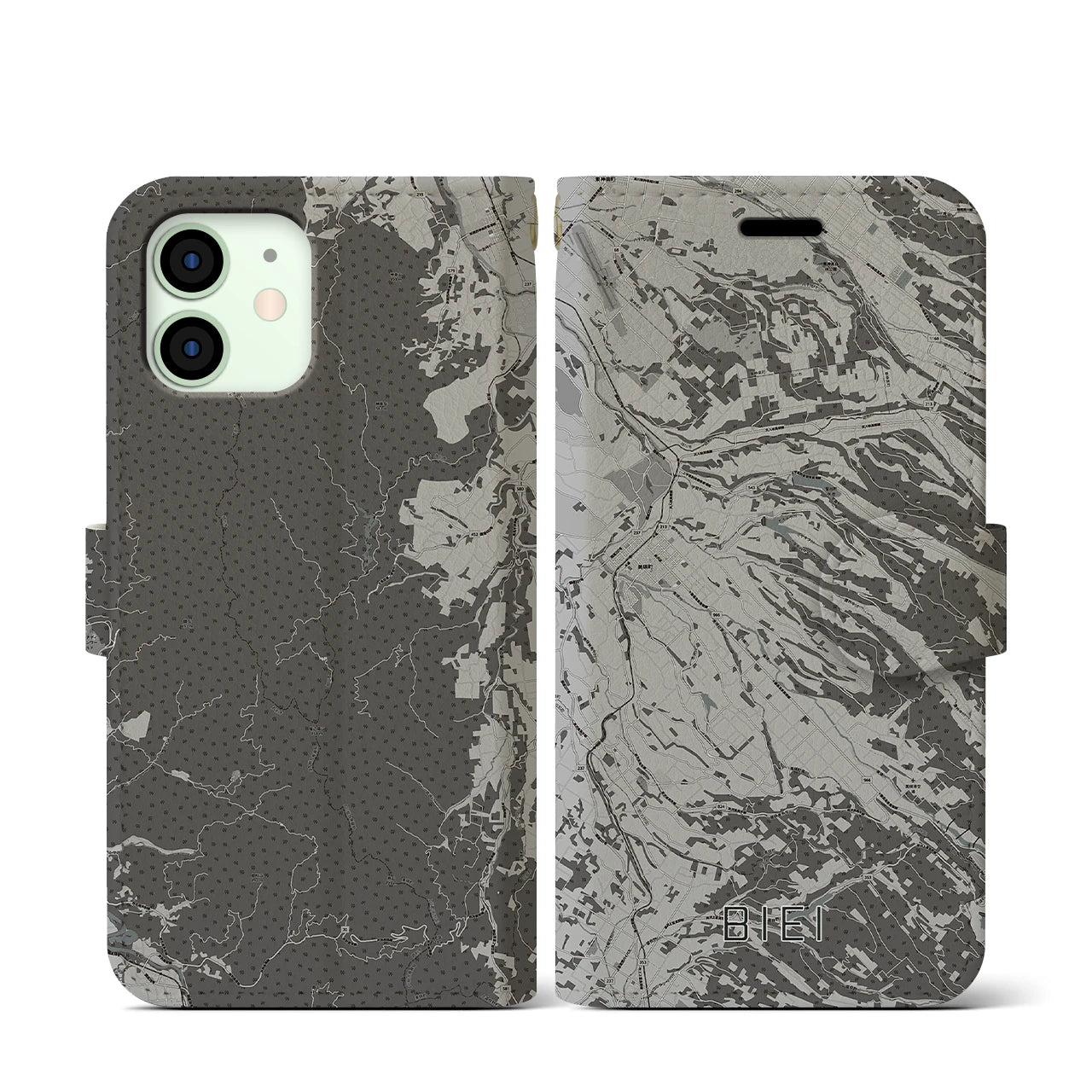 【美瑛(北海道)】地図柄iPhoneケース(手帳タイプ)モノトーン・iPhone 12 mini 用