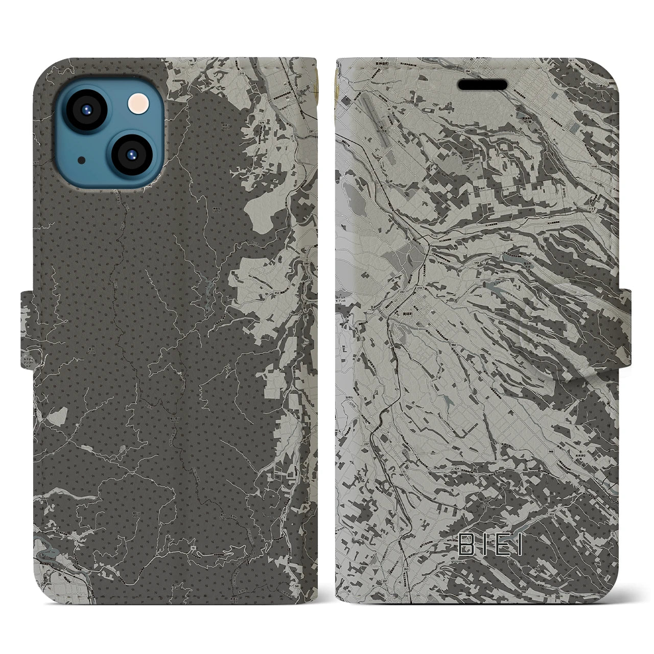 【美瑛(北海道)】地図柄iPhoneケース(手帳タイプ)モノトーン・iPhone 13 用