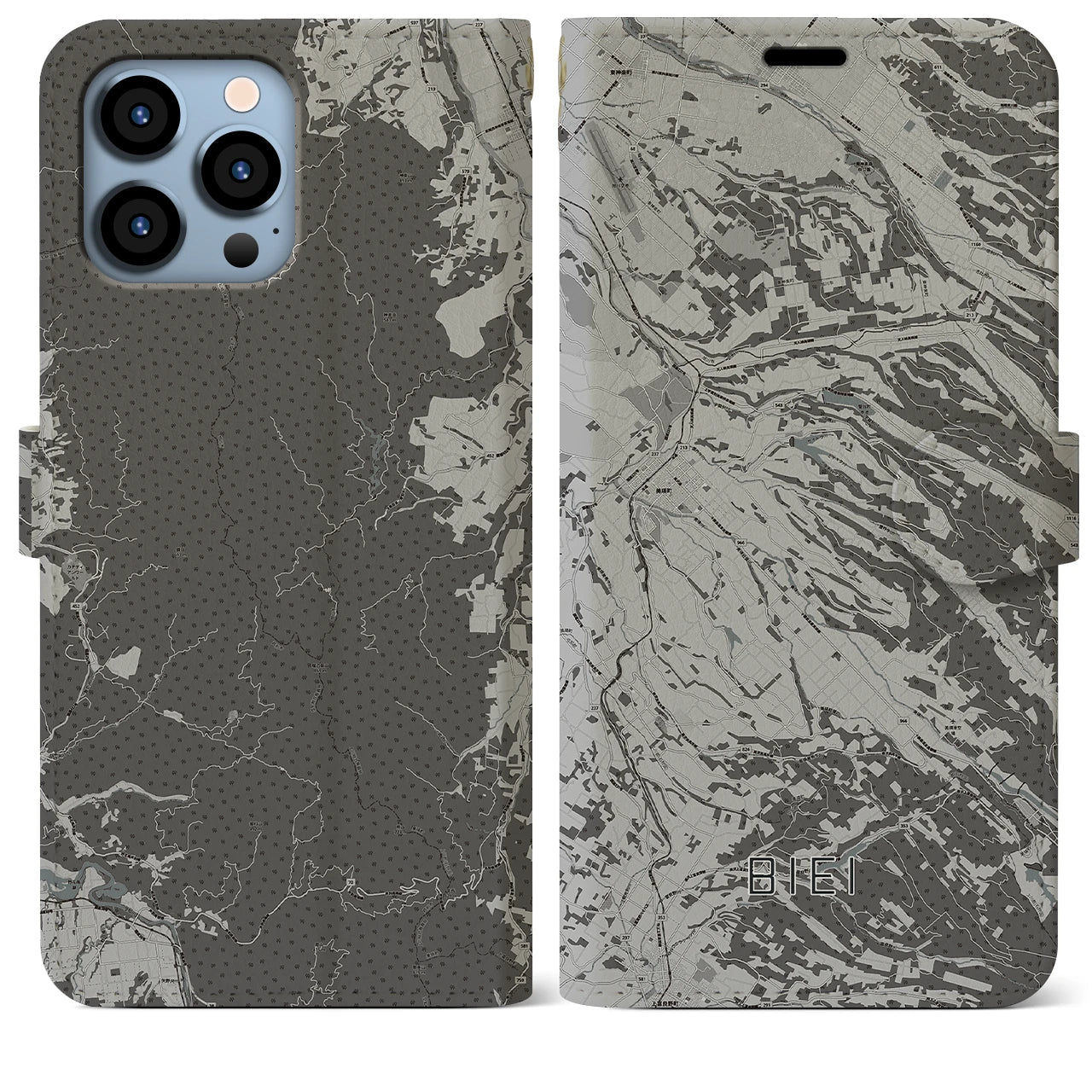 【美瑛(北海道)】地図柄iPhoneケース(手帳タイプ)モノトーン・iPhone 13 Pro Max 用