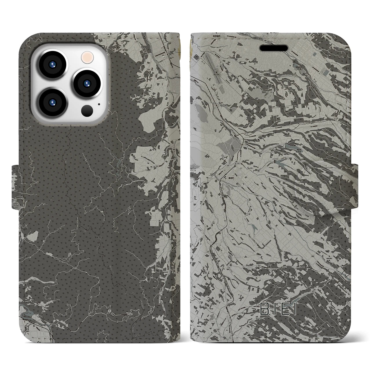 【美瑛(北海道)】地図柄iPhoneケース(手帳タイプ)モノトーン・iPhone 13 Pro 用