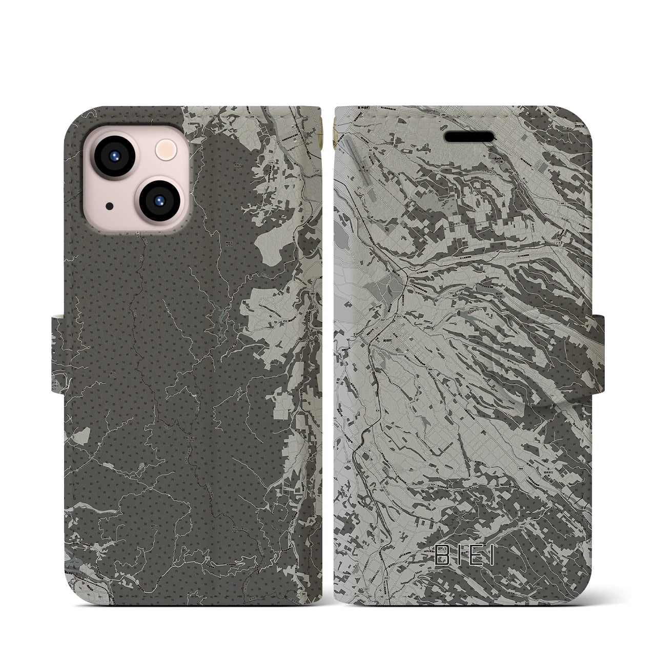 【美瑛(北海道)】地図柄iPhoneケース(手帳タイプ)モノトーン・iPhone 13 mini 用