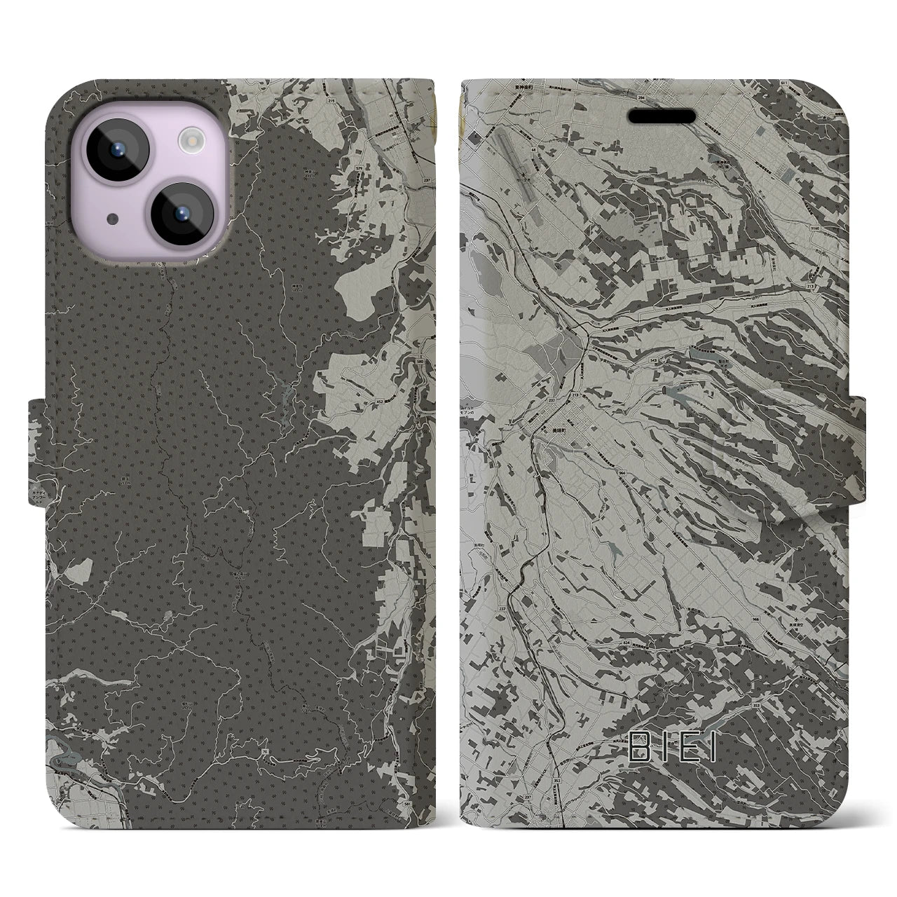 【美瑛(北海道)】地図柄iPhoneケース(手帳タイプ)モノトーン・iPhone 14 用