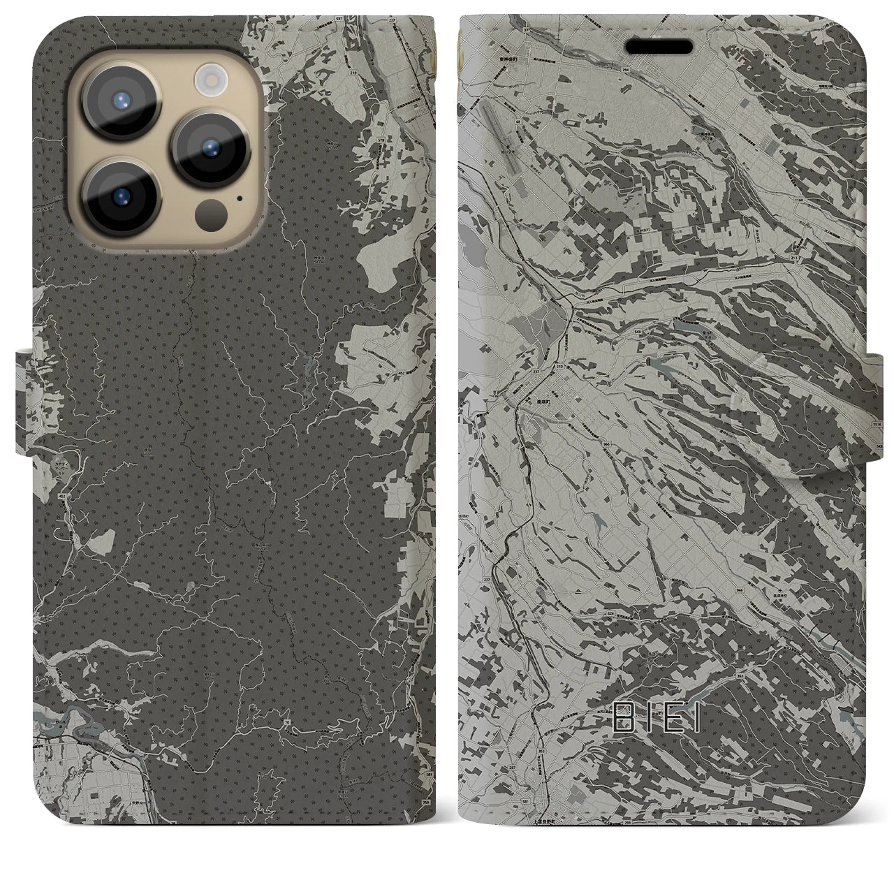 【美瑛(北海道)】地図柄iPhoneケース(手帳タイプ)モノトーン・iPhone 14 Pro Max 用