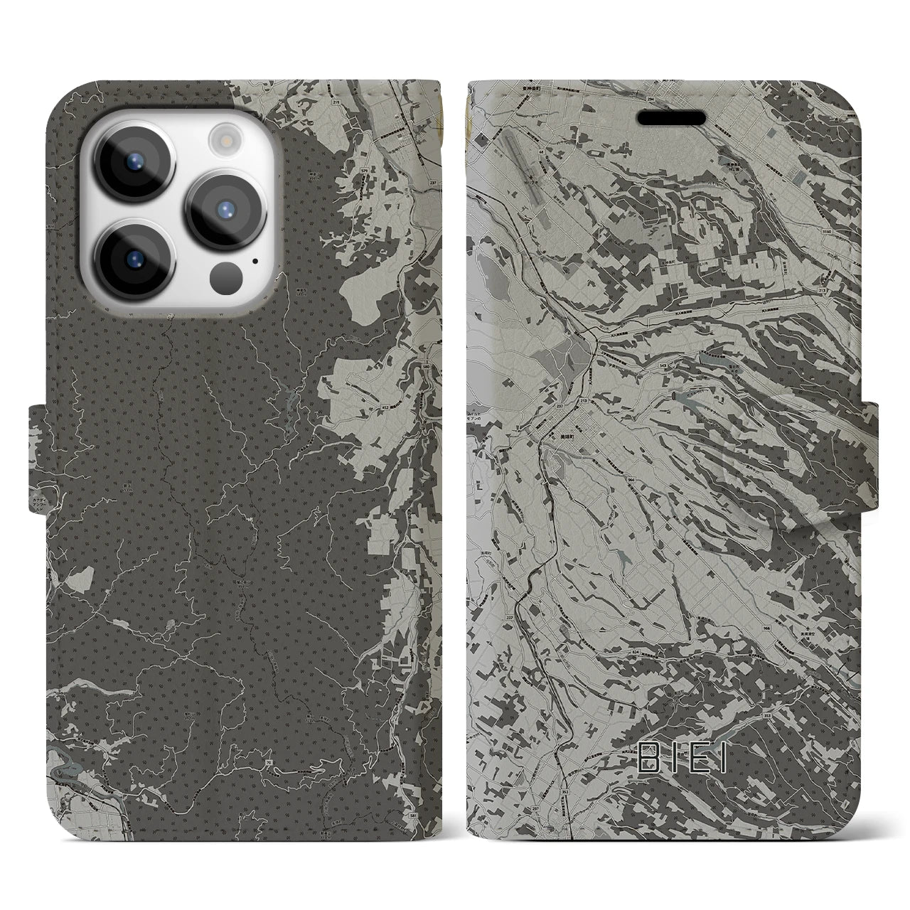 【美瑛(北海道)】地図柄iPhoneケース(手帳タイプ)モノトーン・iPhone 14 Pro 用