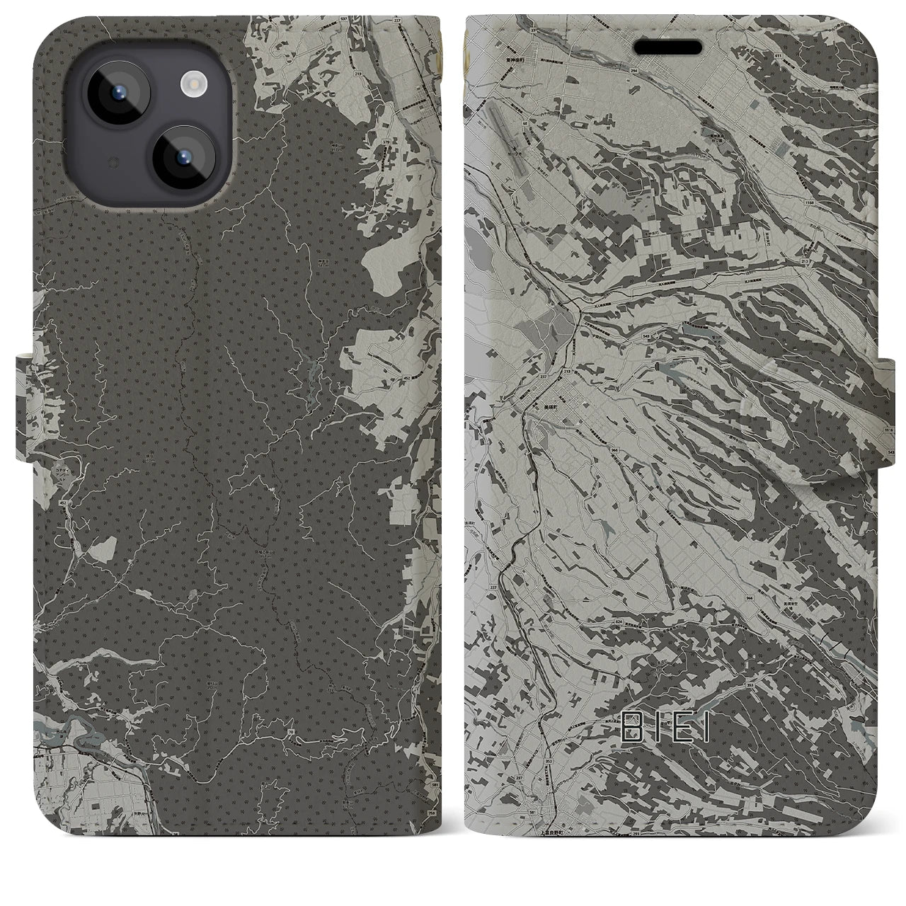 【美瑛(北海道)】地図柄iPhoneケース(手帳タイプ)モノトーン・iPhone 14 Plus 用