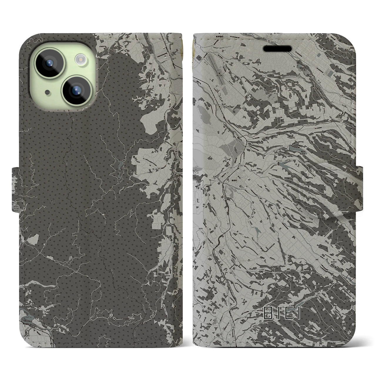 【美瑛(北海道)】地図柄iPhoneケース(手帳タイプ)モノトーン・iPhone 15 用