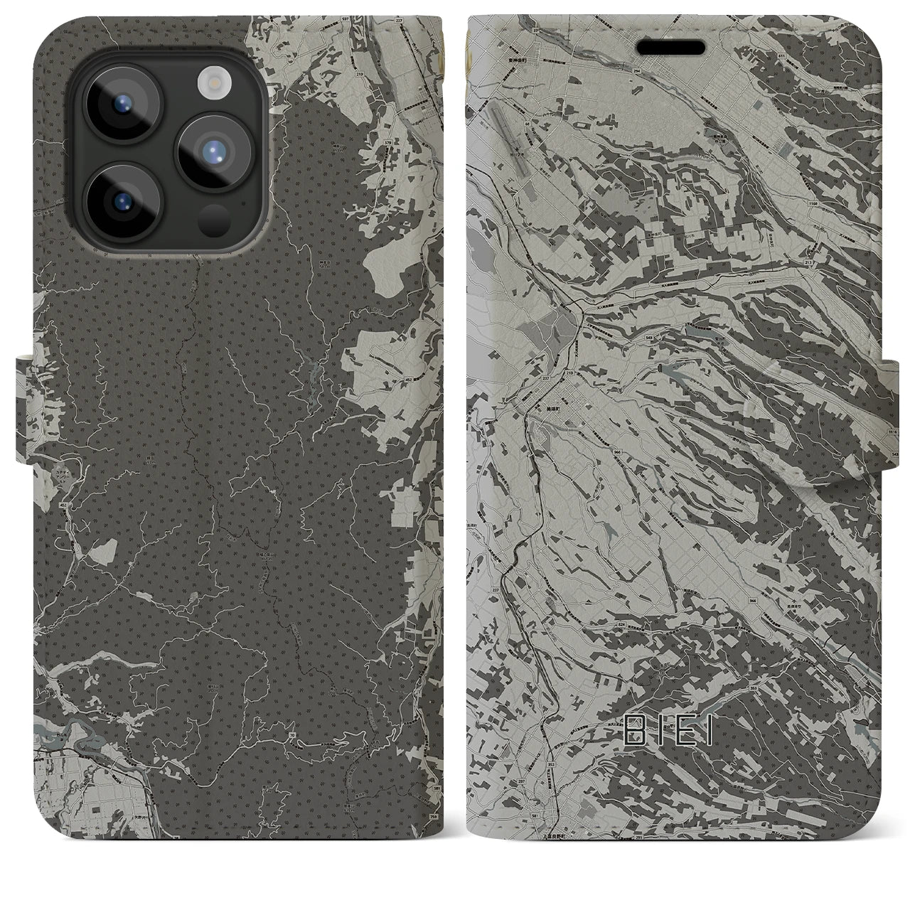 【美瑛(北海道)】地図柄iPhoneケース(手帳タイプ)モノトーン・iPhone 15 Pro Max 用